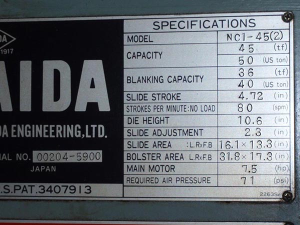 Used Gap Frame Press, AIDA NC1-45
