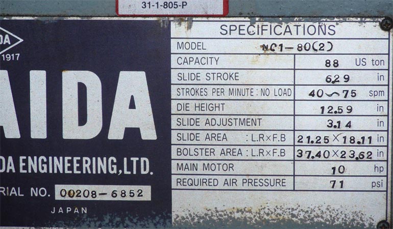 Used Gap Frame Press, AIDA NC1-80