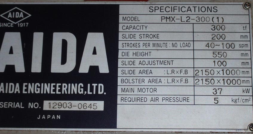 Used Progressive Die Press, AIDA PMX-300