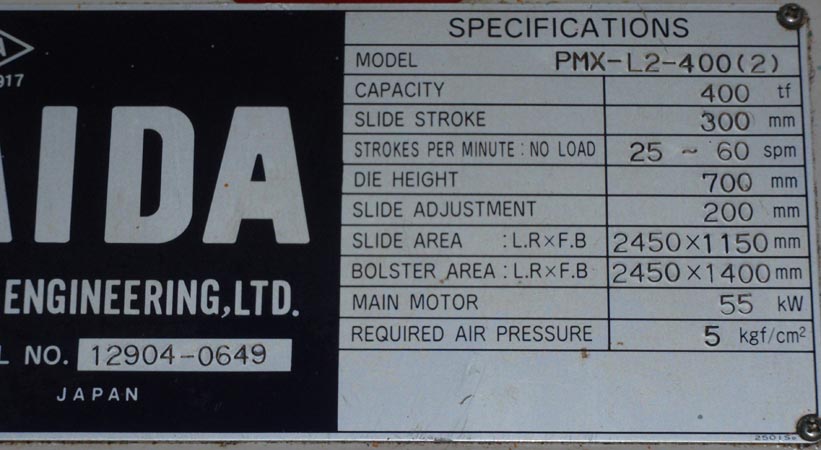 Used Progressive Die Press, AIDA PMX-400