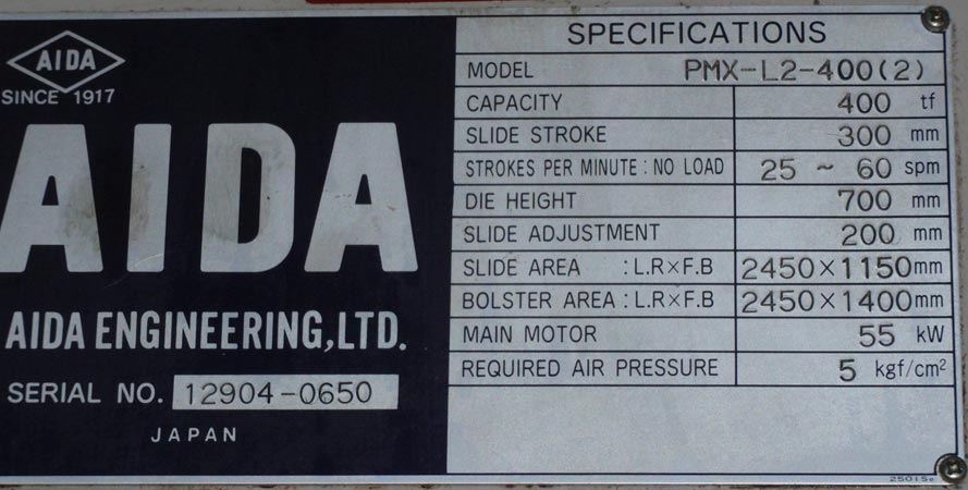Used Progressive Die Press, AIDA PMX-400