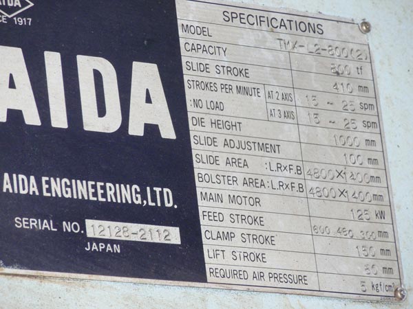 Used Transfer Press, AIDA TMX-800