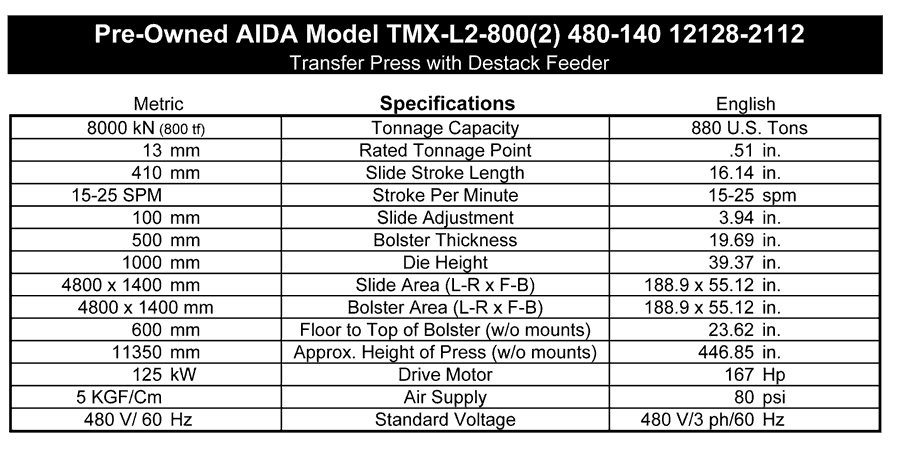 Used Transfer Press, AIDA TMX-800, Specs