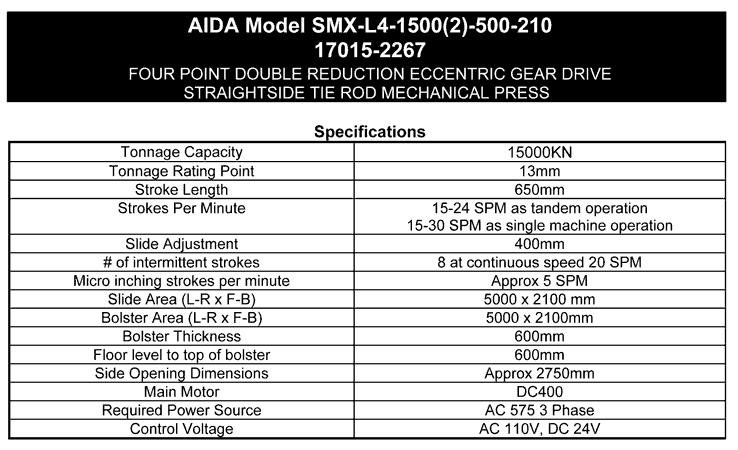 Used Straightside Press, AIDA SMX-1500, Specs