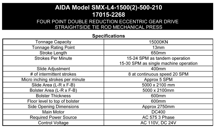 Used Straightside Press, AIDA SMX-1500, Specs