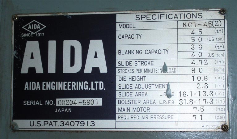 Used Gap Frame Press, AIDA NC1-45