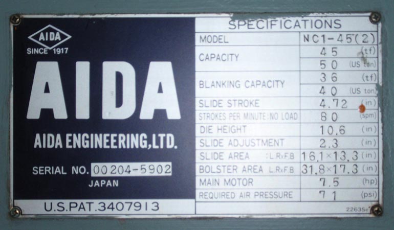 Used Gap Frame Press, AIDA NC1-45
