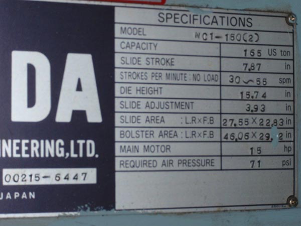 Used Gap Frame Press, AIDA NC1-150