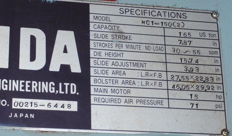 Used Gap Frame Press, AIDA NC1-150