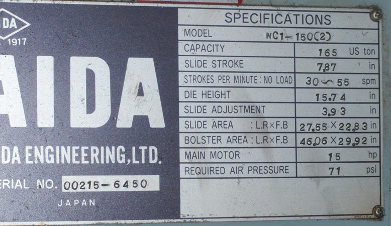 Used Gap Frame Press, AIDA NC1-150