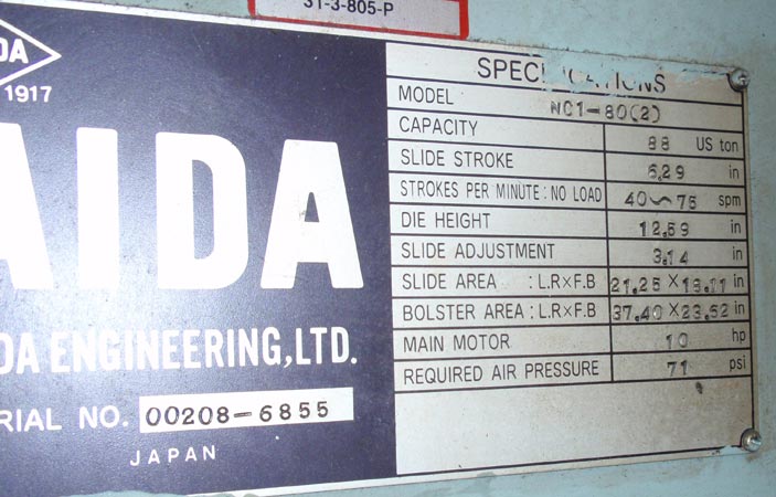 Used Gap Frame Press, AIDA NC1-80