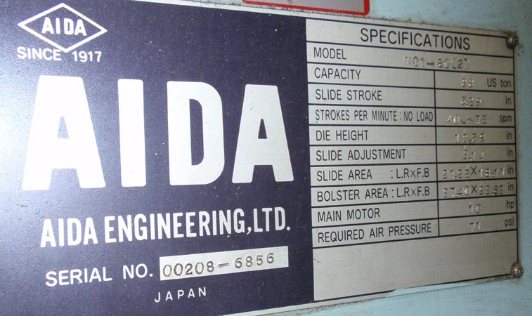 Used Gap Frame Press, AIDA NC1-80