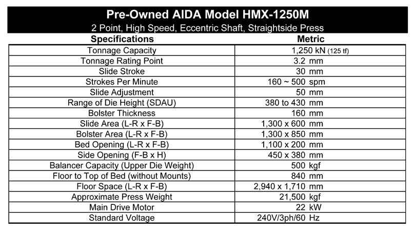 Used High Speed Press, AIDA HMX-125