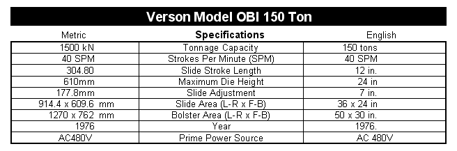 Used OBI Press, Verson 150 ton specs